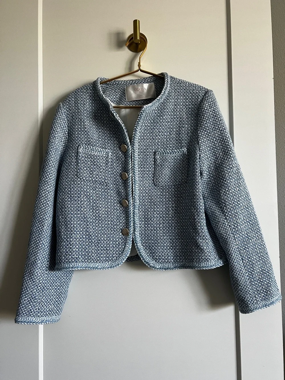 GOELIA Blue White Jacquard Tweed Jacket Sz XL Gold Button Cropped Bouclé Blazer - Picture 11 of 16